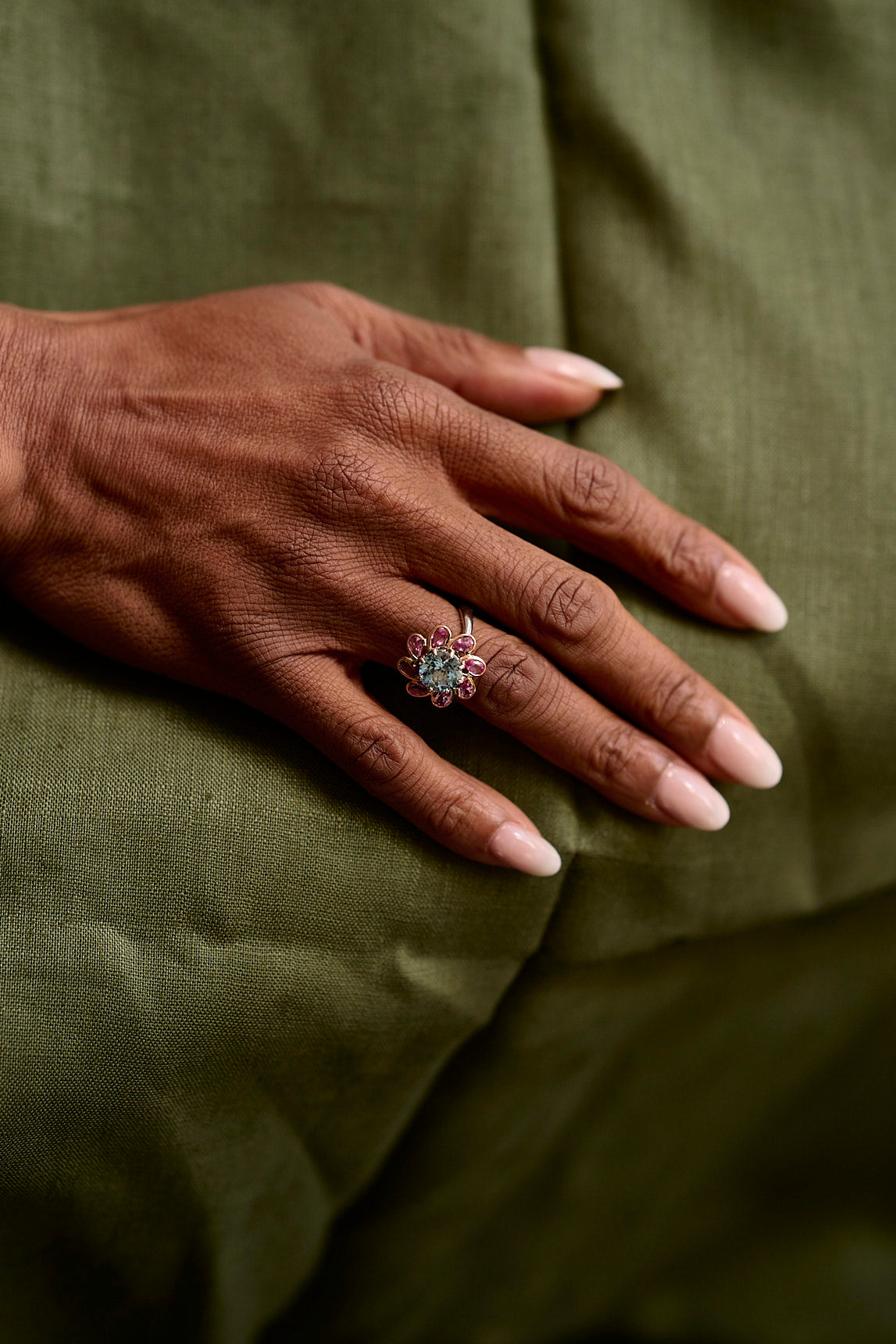 One of a Kind. Aquamarine and Sapphire Daisy Ring