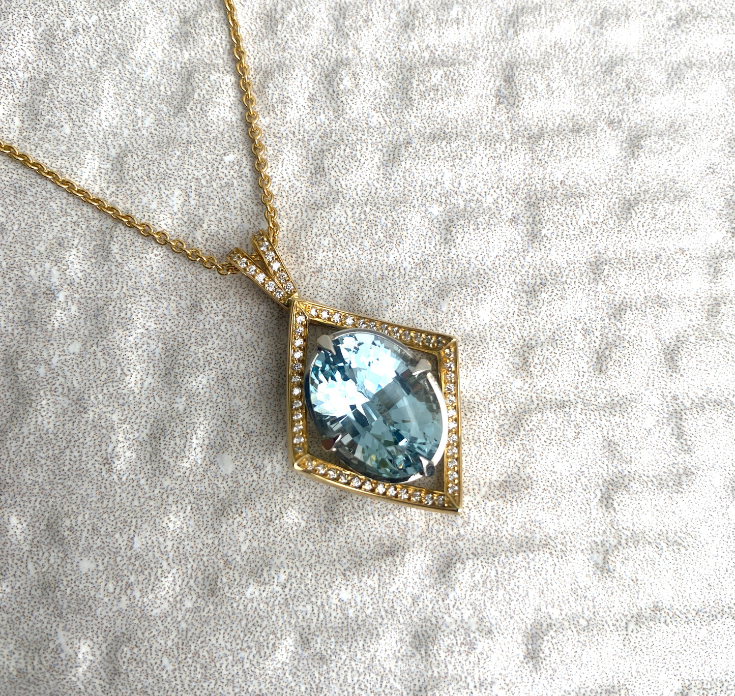 One of a Kind.  Aquamarine with Diamond Halo Pendant