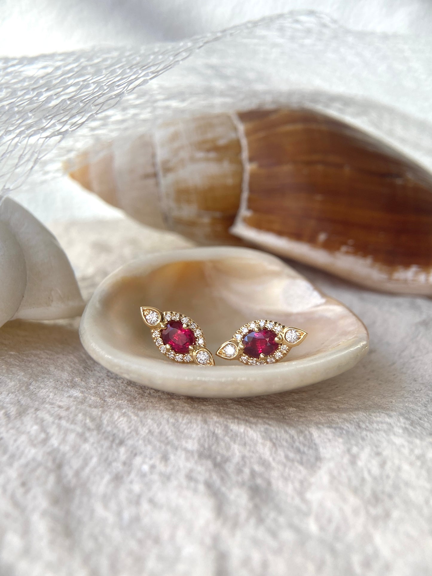 Everyday Creations . Yellow Gold Ruby Halo Earrings.