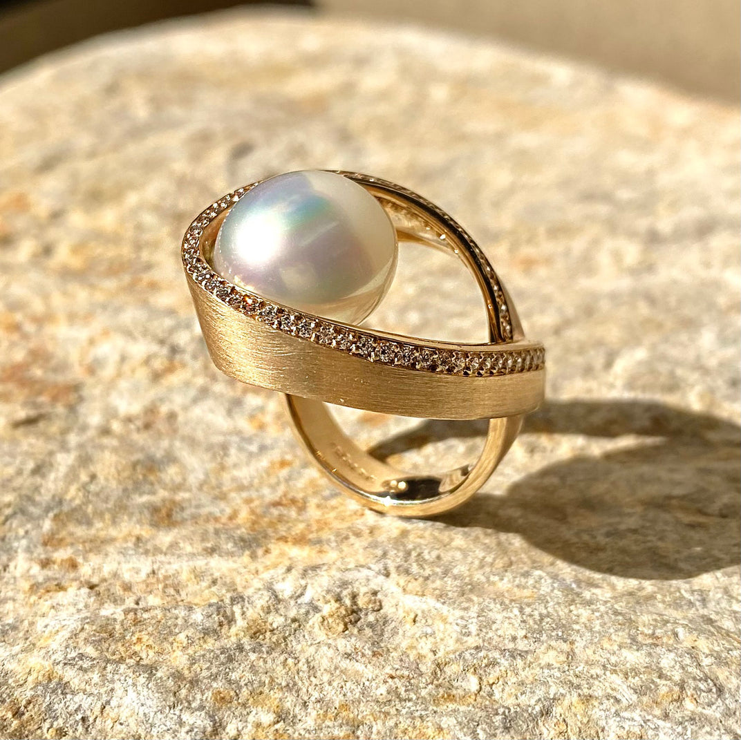Pearl Creations. Orbit Ring with South Sea Pearl and Diamonds