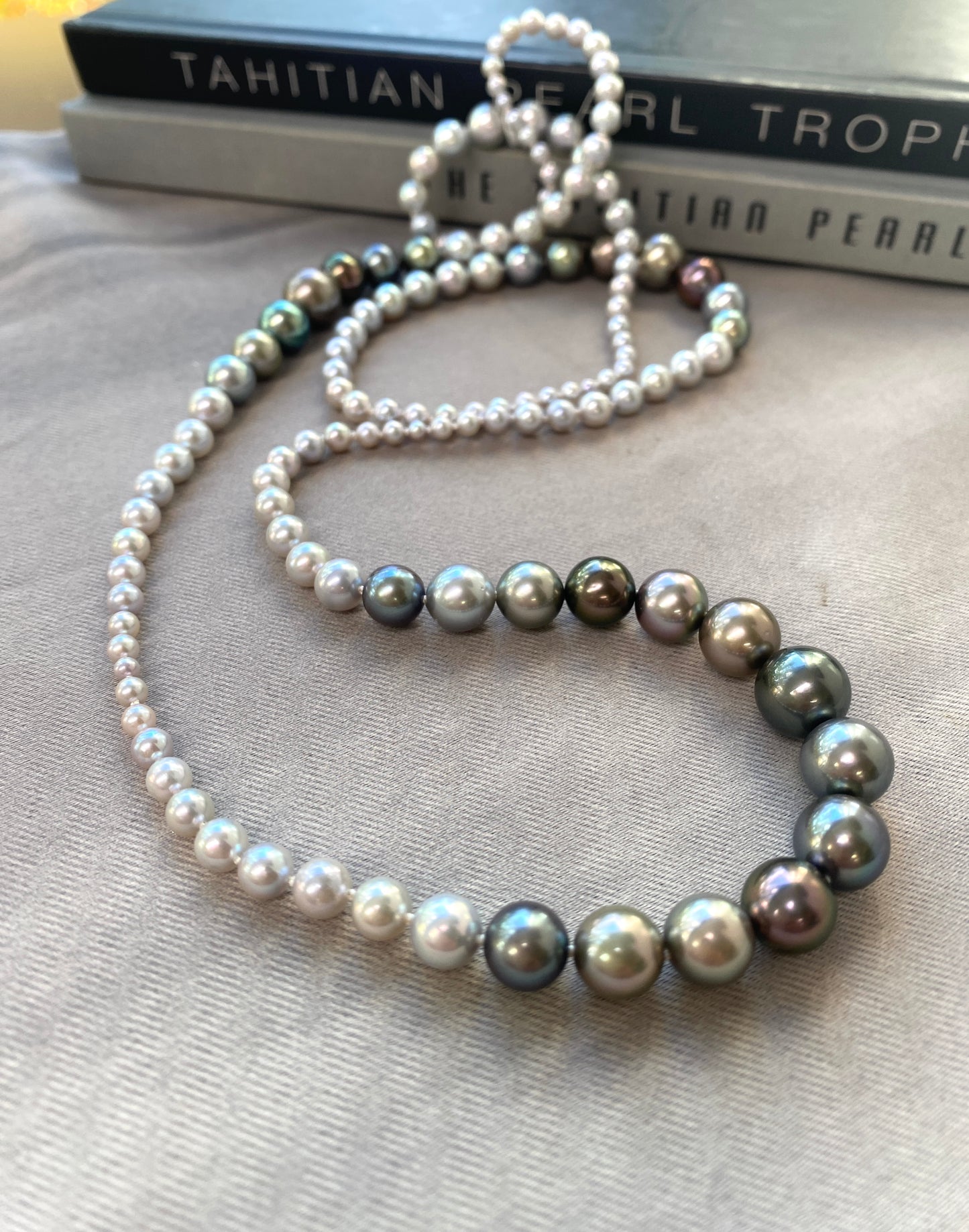One of a kind. Graduating Akoya and Tahitian Pearl Necklace.