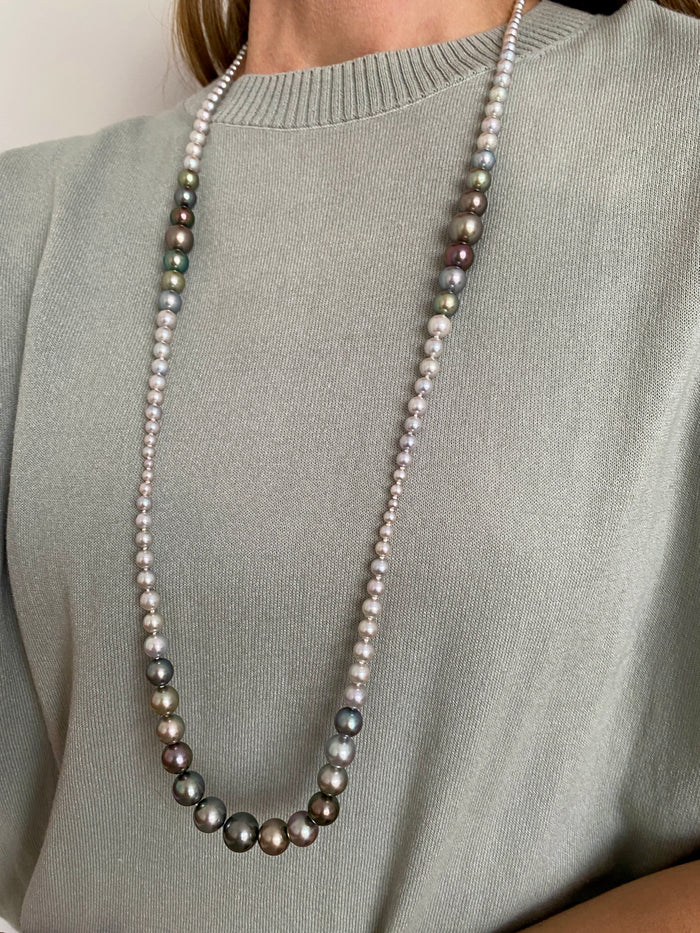 One of a kind. Graduating Akoya and Tahitian Pearl Necklace.