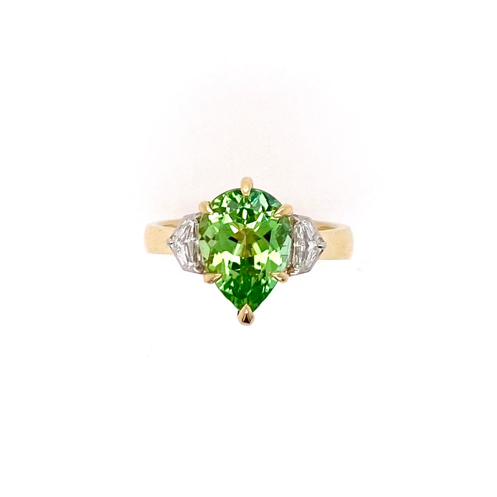 One of a Kind. Trilogy Ring with Green Tourmaline and Diamonds