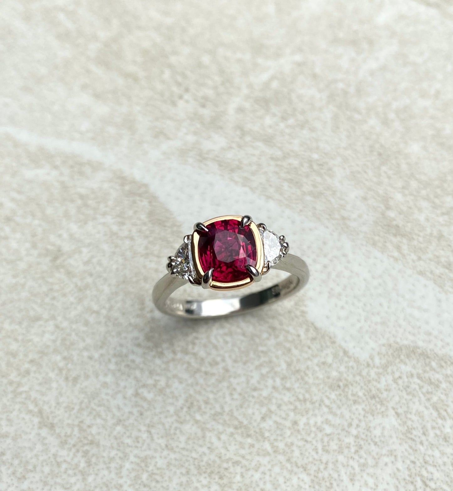 One of a Kind. Trilogy Ring with Ruby and Diamonds