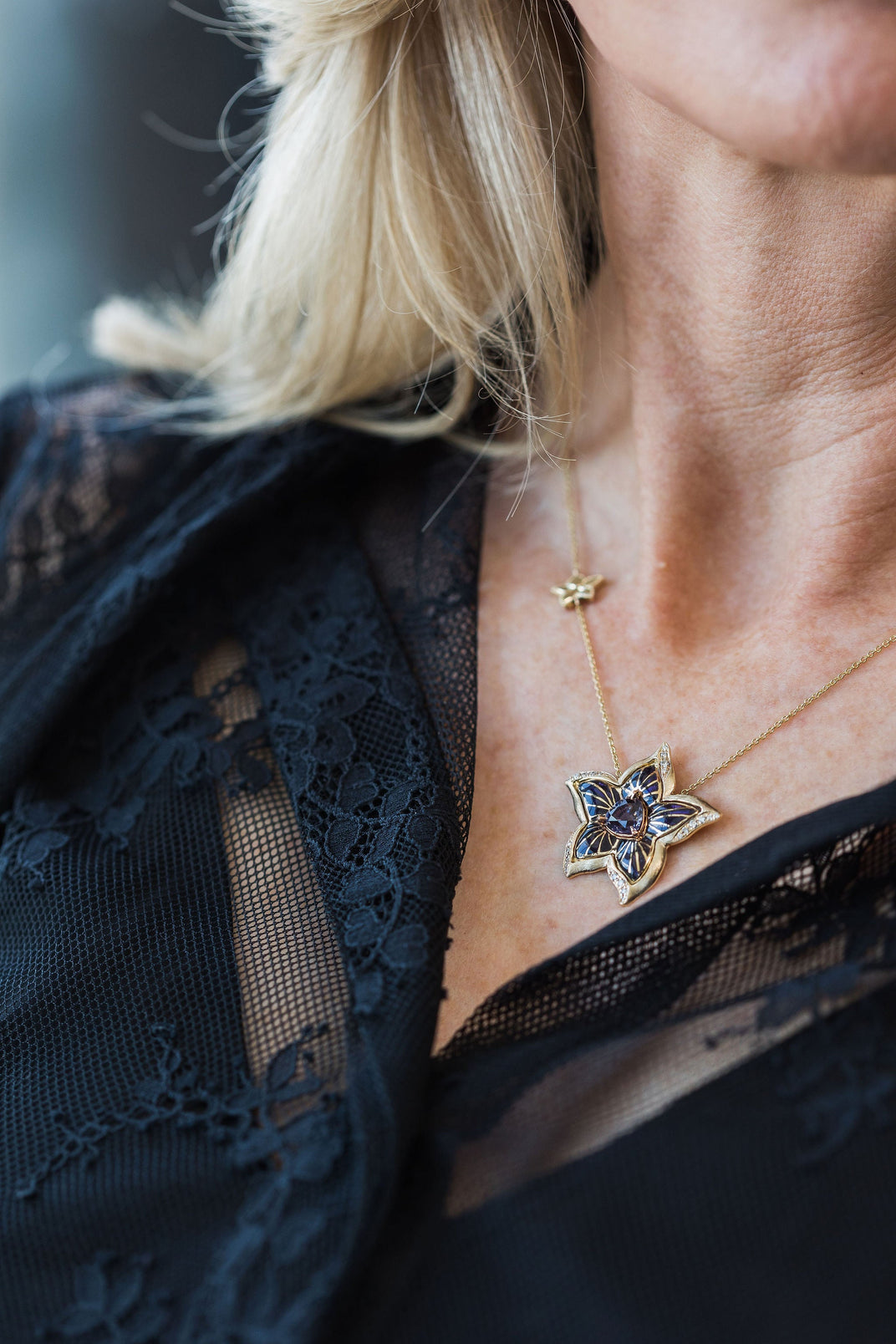 Flora. Enamel Pendant with Spinel and Diamonds