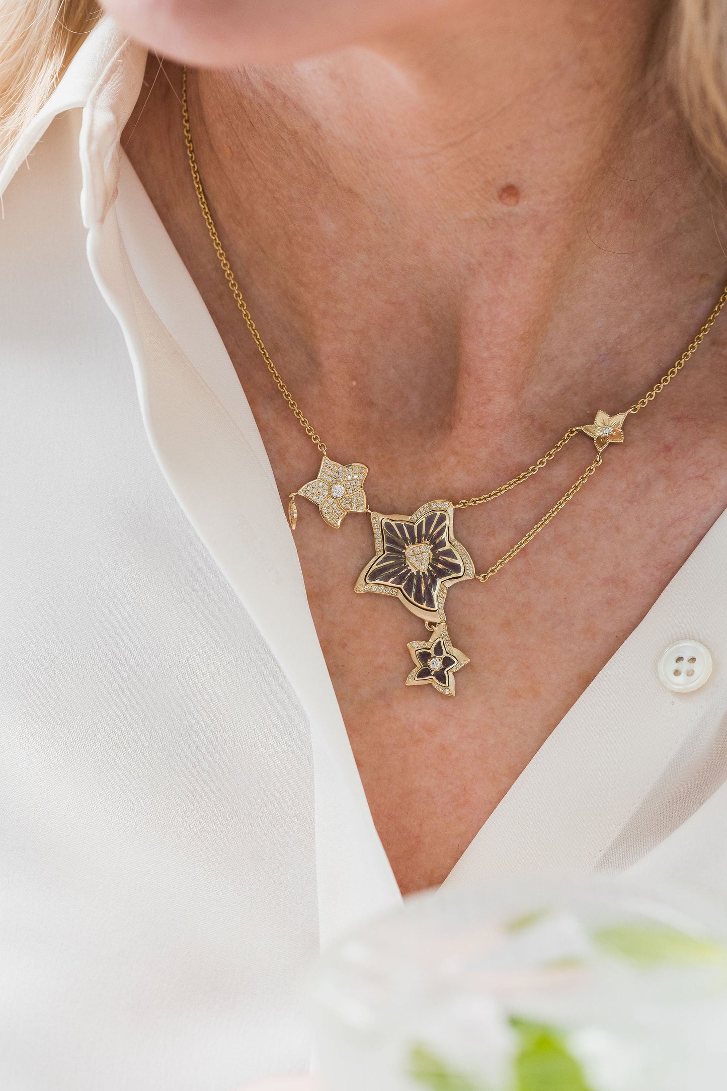 Flora. Grey Enamel Necklace with Diamonds