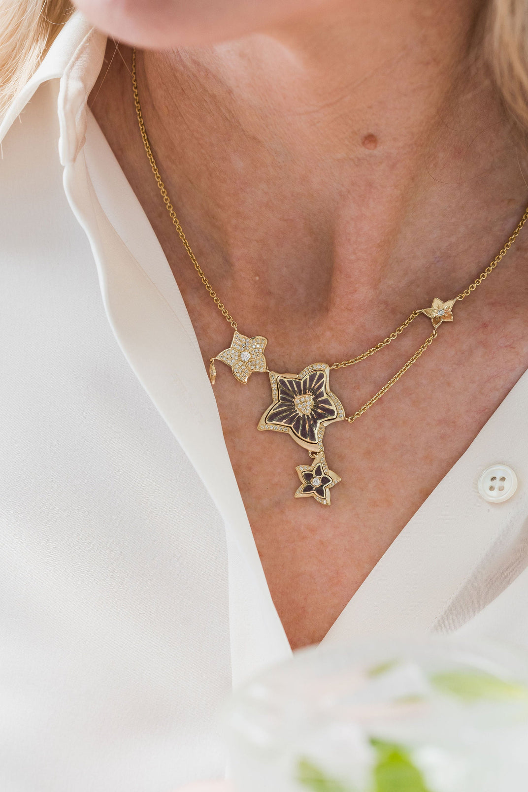 Flora. Grey Enamel Necklace with Diamonds