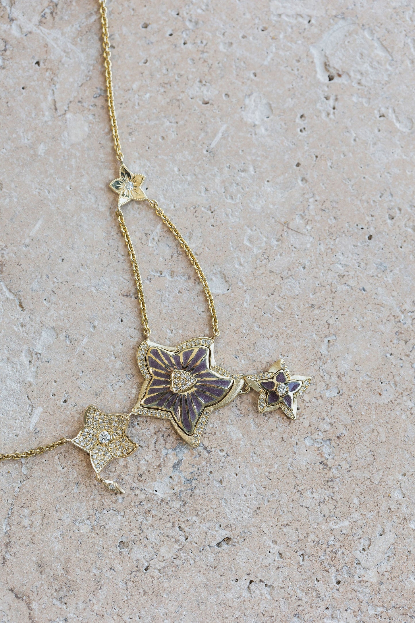 Flora. Grey Enamel Necklace with Diamonds