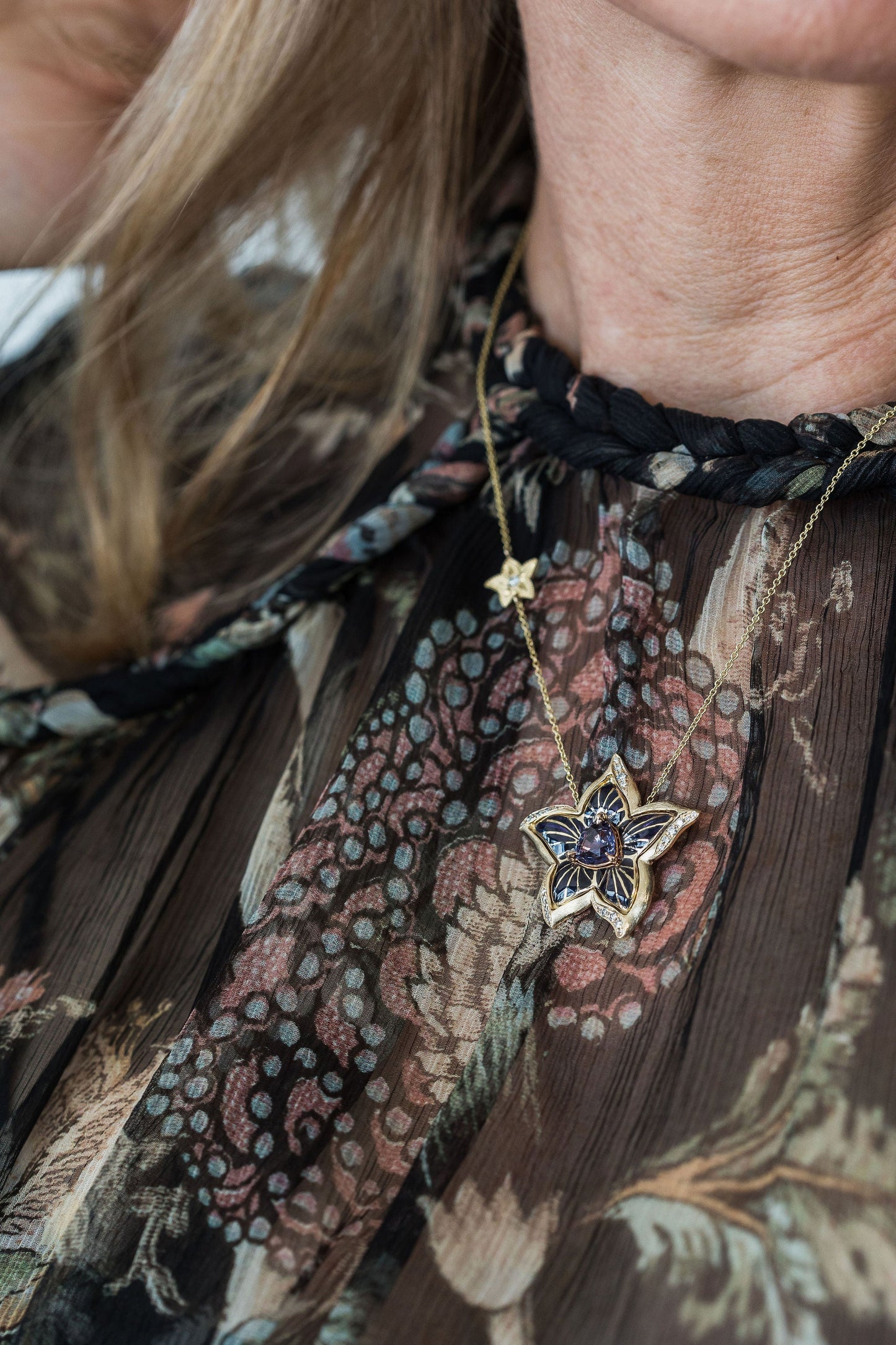 Flora. Enamel Pendant with Spinel and Diamonds