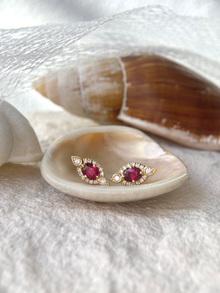 Everyday Creations . Yellow Gold Ruby Halo Earrings.