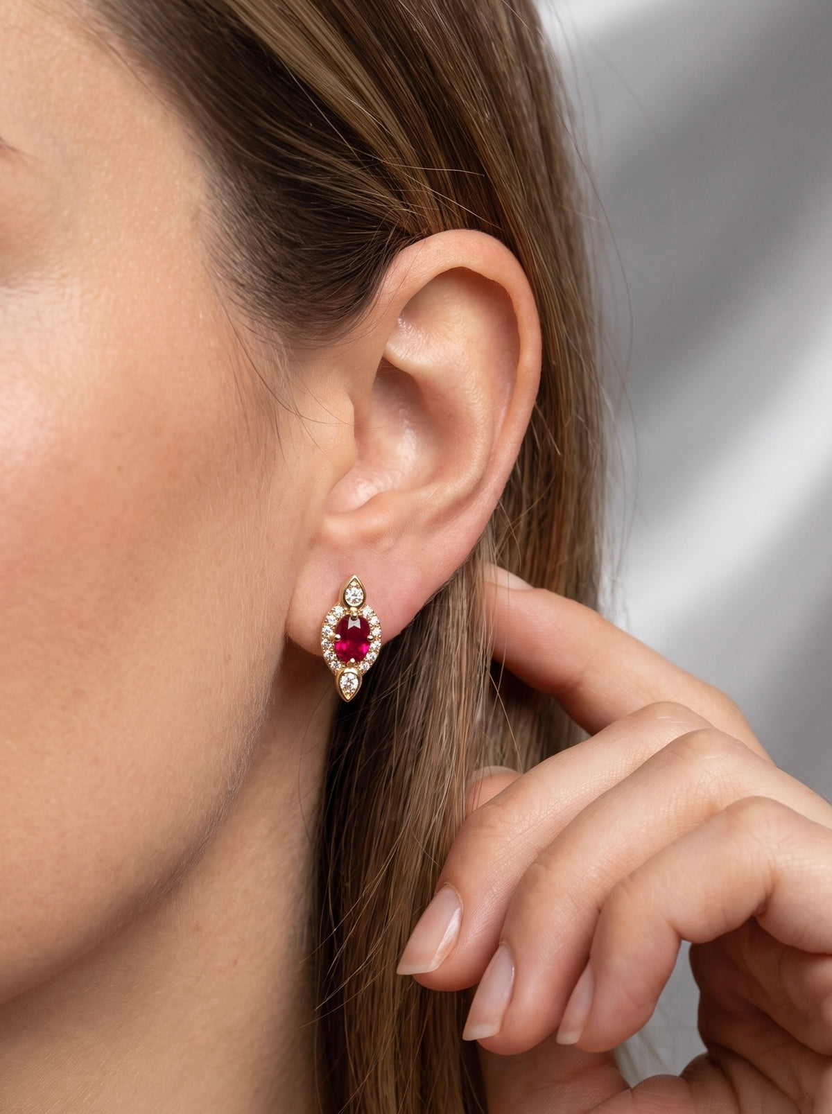 Everyday Creations . Yellow Gold Ruby Halo Earrings.