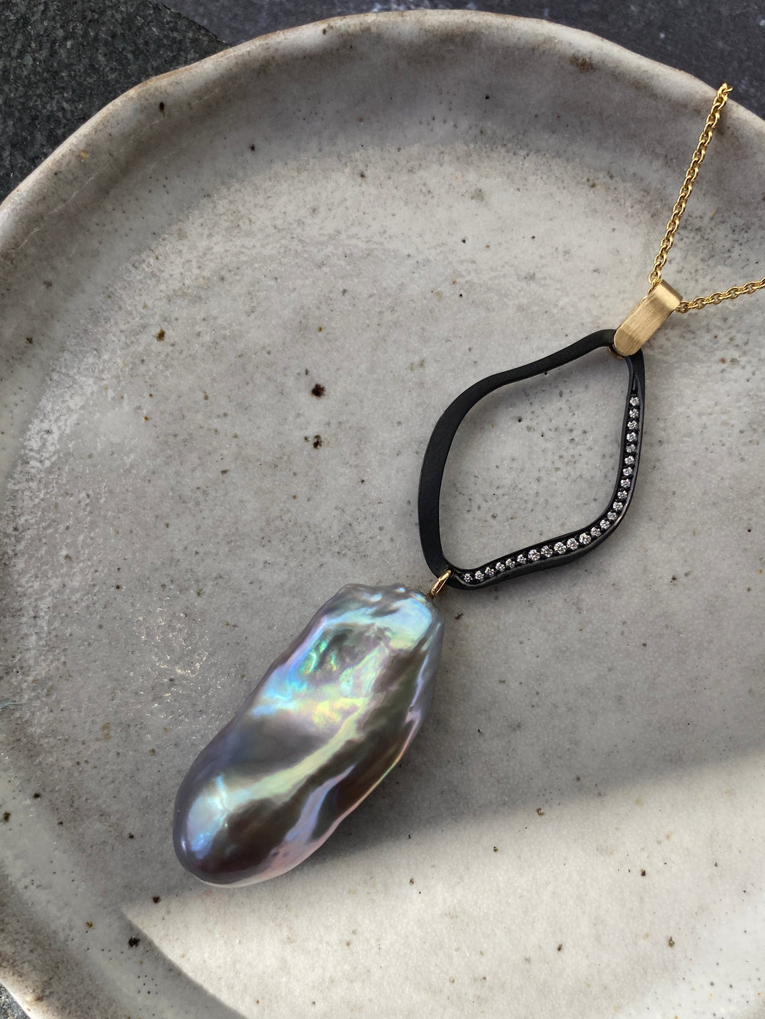 Midnight Lagoon.  Yellow gold Baroque Pearl Pendant. XL Link - SOLD