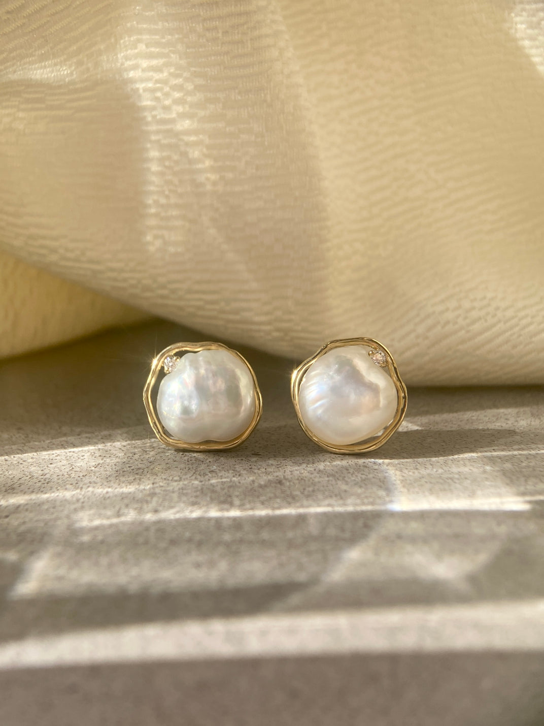 Pearl Creations . Yellow Gold and Diamond Keshi Studs