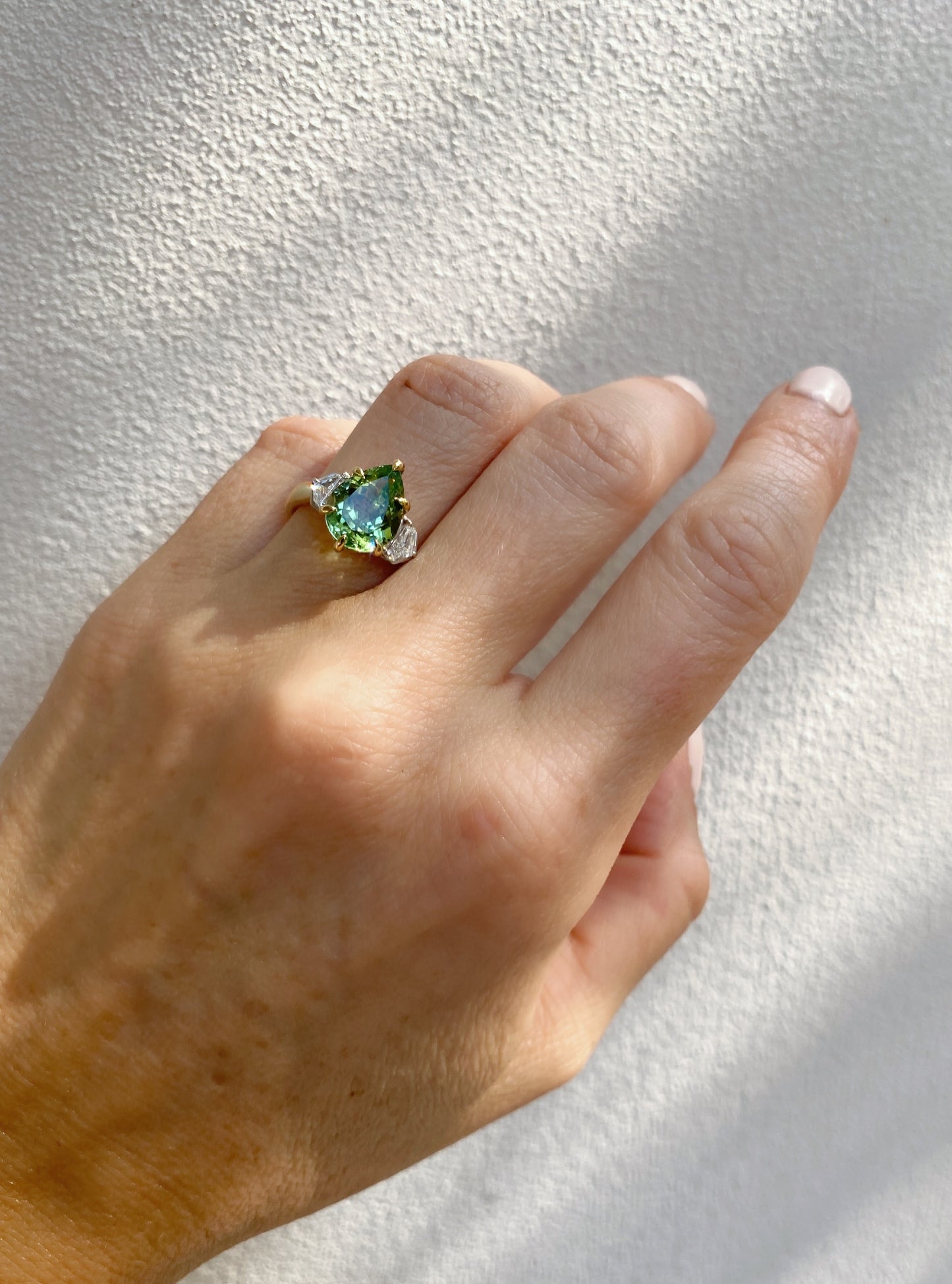 One of a Kind. Trilogy Ring with Green Tourmaline and Diamonds