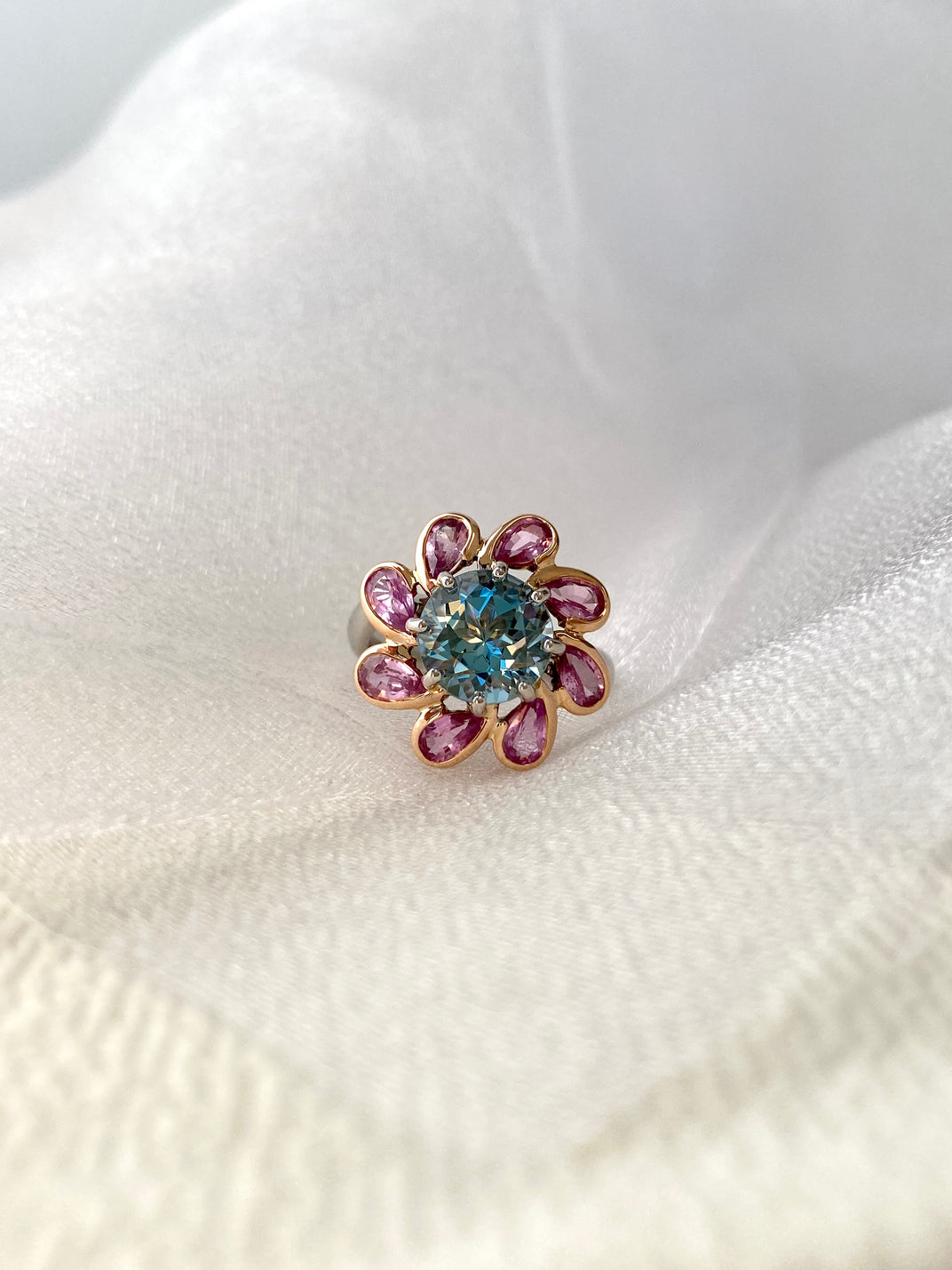 One of a Kind. Aquamarine and Sapphire Daisy Ring