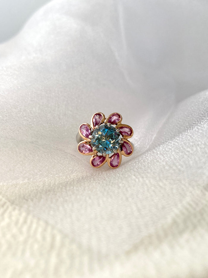 One of a Kind. Aquamarine and Sapphire Daisy Ring