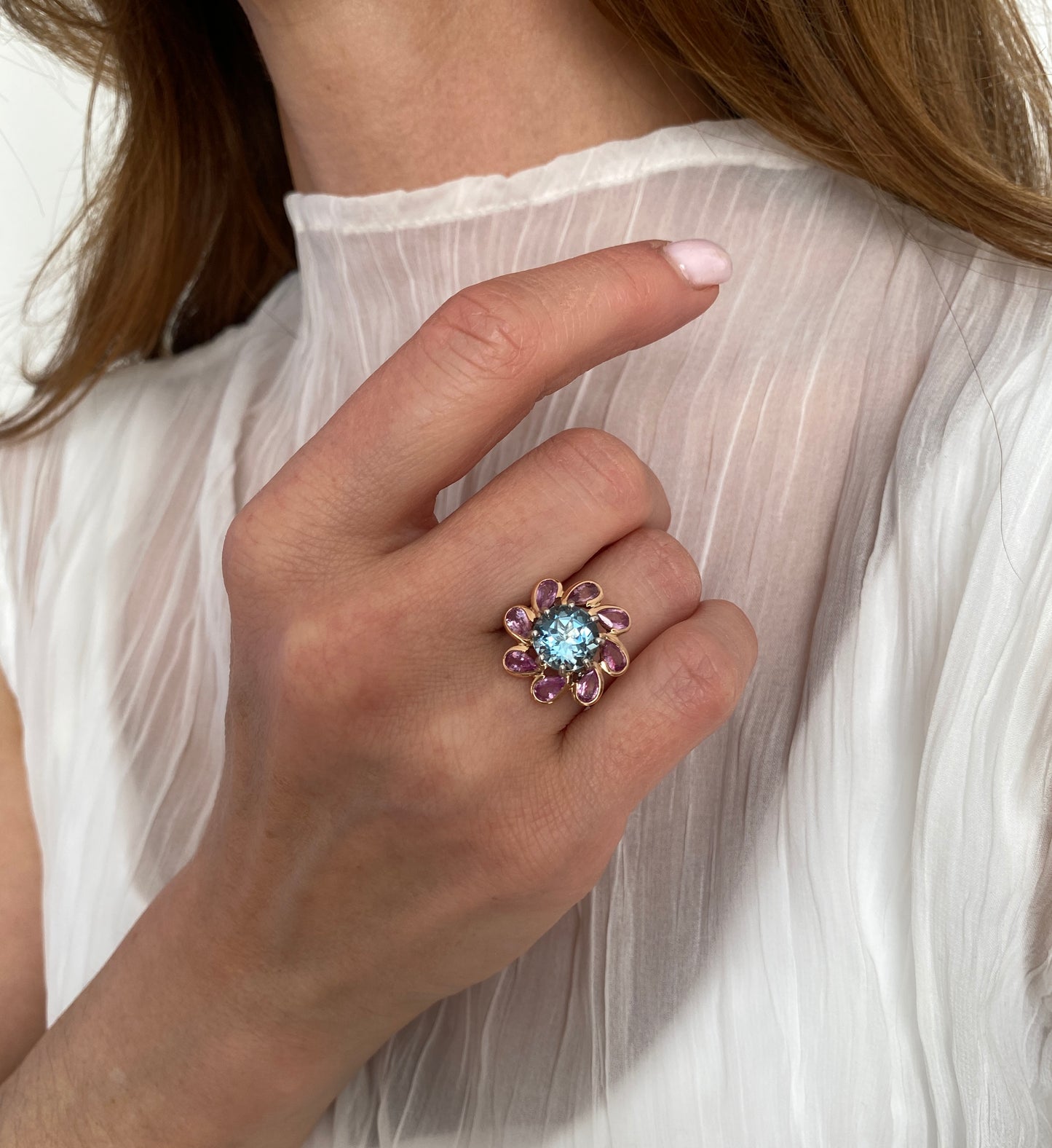 One of a Kind. Aquamarine and Sapphire Daisy Ring