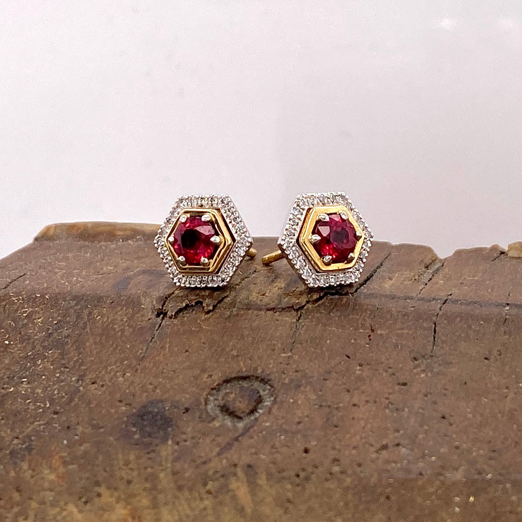 One of a Kind. Hexagonal Earrings with Rubies and Diamonds