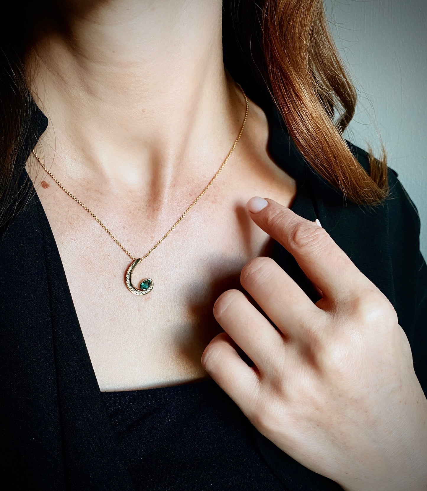 Everyday Creations. Swoop Pendant with Emerald and  Diamonds