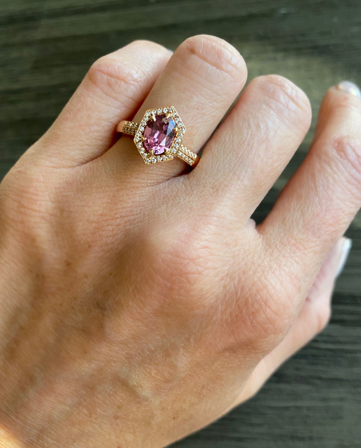 One of a Kind. Halo Ring with Pink Sapphire and Diamonds