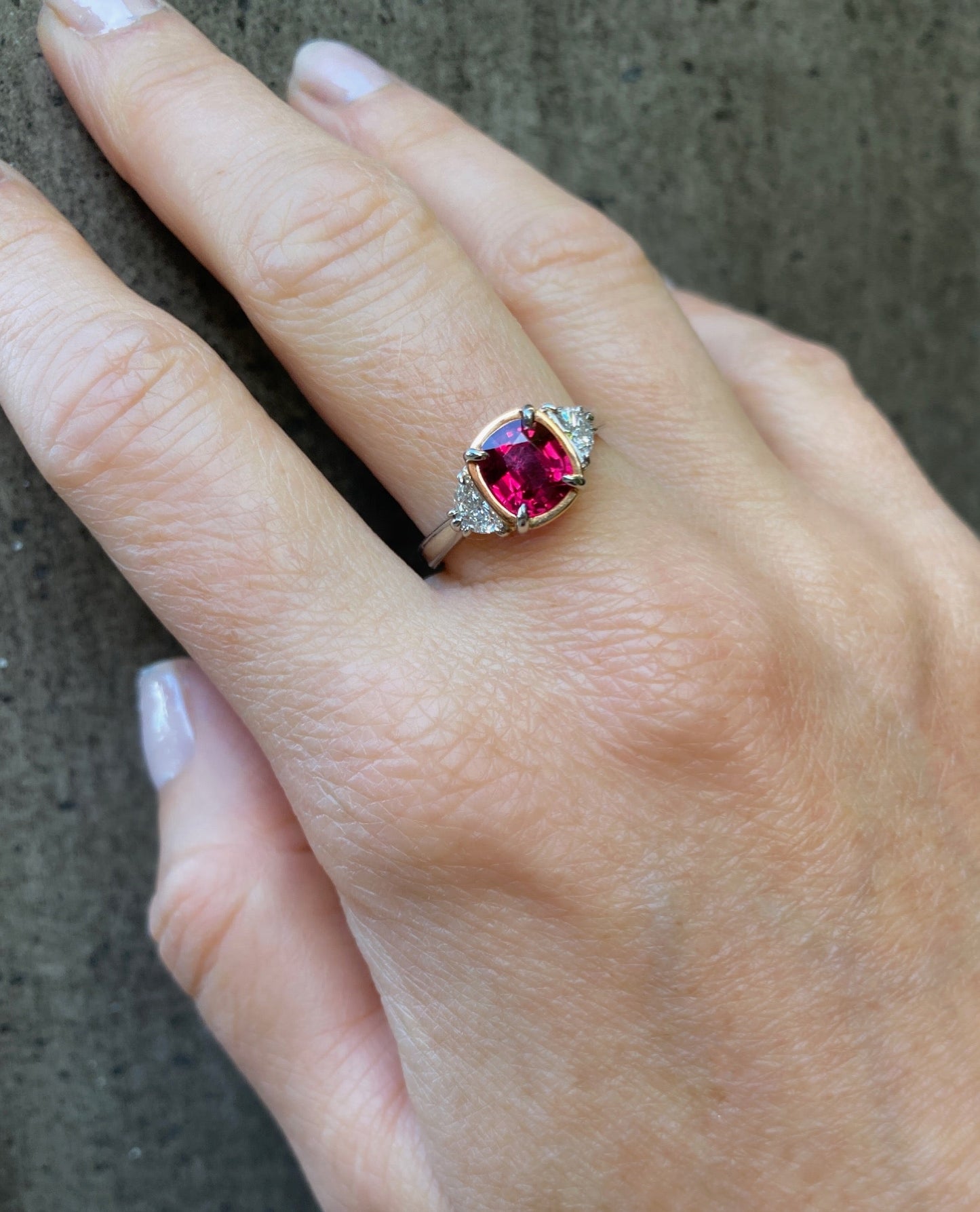 One of a Kind. Trilogy Ring with Ruby and Diamonds