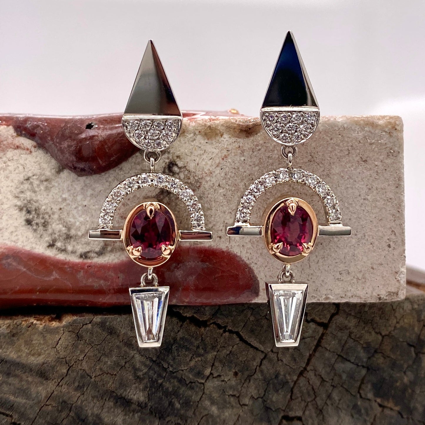 One of a Kind. Chrysler Earrings with Ruby and Diamonds